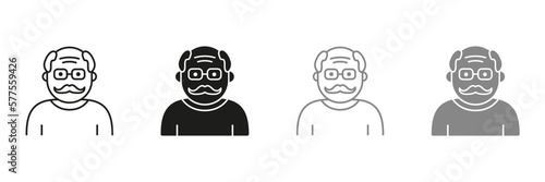 Old Man, Senior Person Silhouette and Line Icon Color Set. Happy Elder Man Pictogram. Old Grandfather Symbol Collection on White Background. Retirement Concept. Isolated Vector Illustration