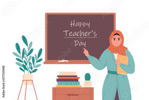 Muslim female teacher at classroom near blackboard. Education, lecture and lesson at school. Vector illustration in flat style