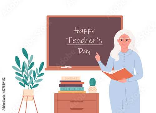 Old female teacher at classroom near blackboard. Education, lecture and lesson at school. Vector illustration in flat style