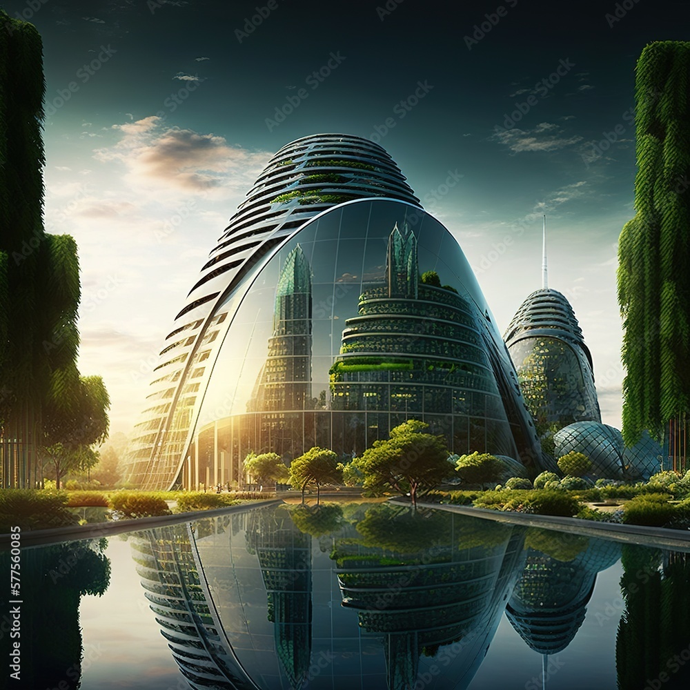 ภาพประกอบสต็อก Sustainable green city with futuristic office building ...