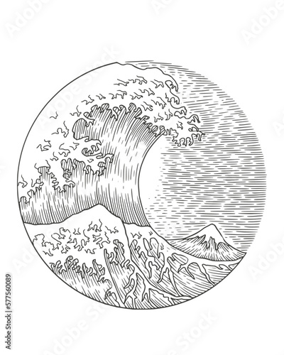 Papier peint The great wave kanagawa in engraving drawing style