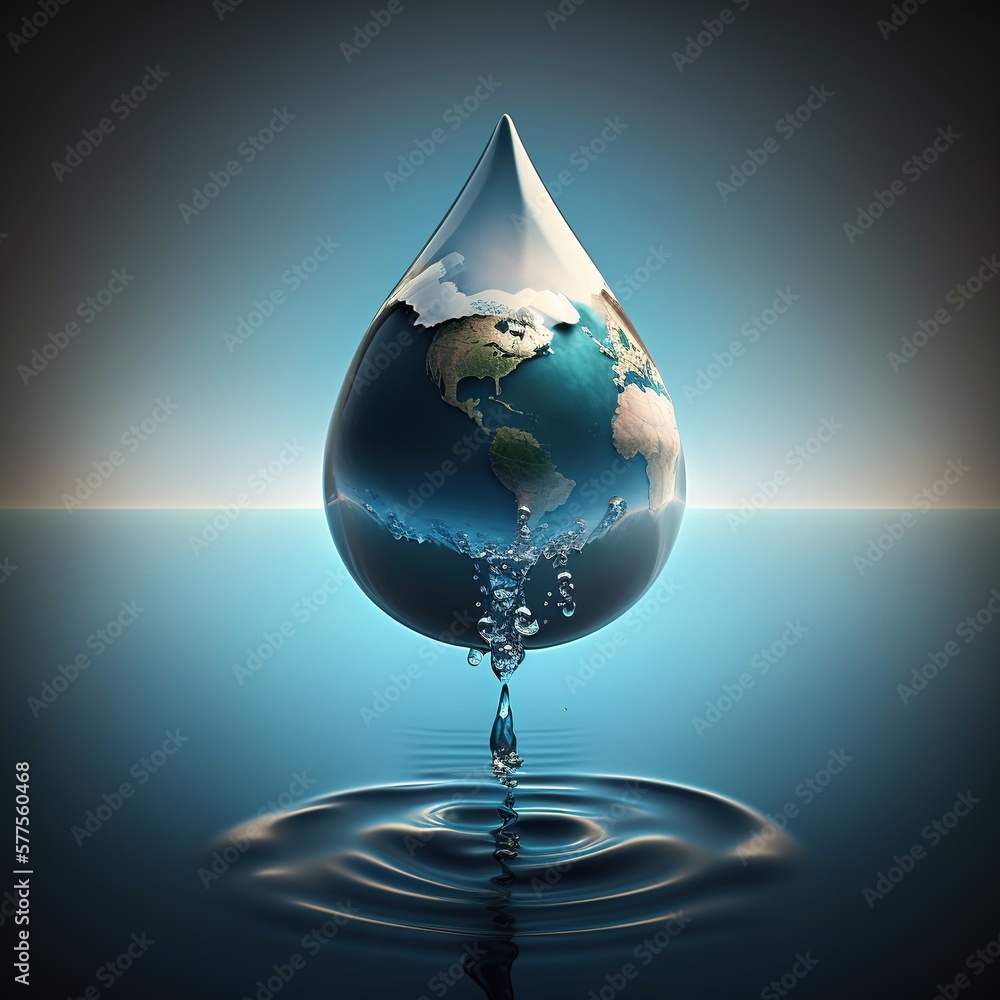 Obraz premium Day of the water. Realistic water droplet falling on a background of the sea in blue , generative ai
