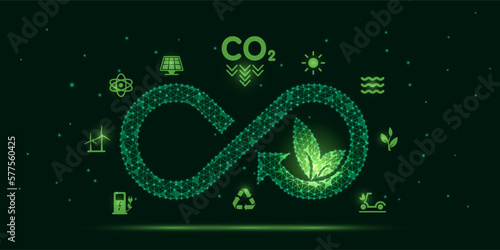 Circular economy icon and other renewable energy icons. Concept of circular economy with zero CO2 emissions for sustainable business growth and environmental improvement. Vector illustration