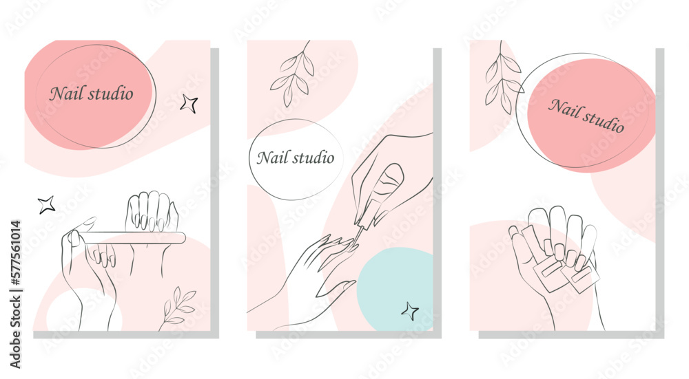 Manicure banner set. Collection of minimalistic graphic elements for website. Woman with nail file, varnish and bottles, beauty. Cartoon flat vector illustrations isolated on white background