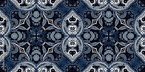 Retro indigo floral bandana 2 tone patterned fabric border background. Seamless boho denim blue banner edge design. Fashion masculine endless edging trim . 