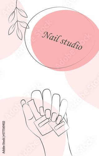 Manicure banner with varnish bottle. Beauty salon and studio, spa treatments. Glamor and elegance, fashion. Cuticle and pedicure. Poster or banner for website. Cartoon flat vector illustration