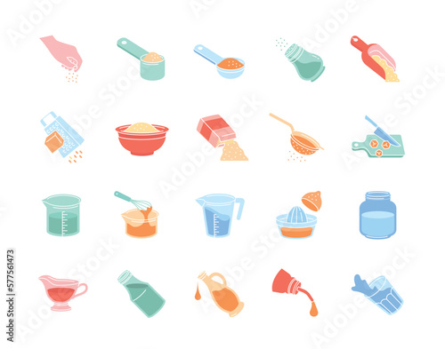 Measures of cooking icons set. Collection of kitchen utensils. Grater, mixer, jug and bottle of liquid. Salt shaker and colander. Cartoon flat vector illustrations isolated on white background