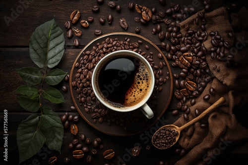 hot coffee with coffee beans. top shot. Generative AI