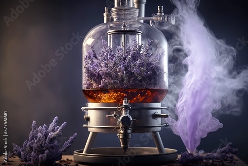 Essential oil extraction with distillery machine. Generative AI