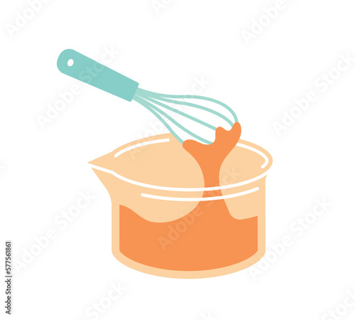 Mixer in plastic container. Kitchen utensils and professional inventory for cafe or restaurant. Preparation of flour products and cocktails, cooking. Cartoon flat vector illustration