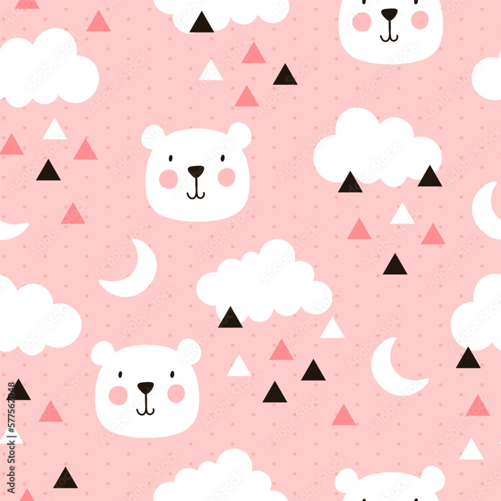 Scandinavian pink sky seamless pattern with cute polar bear and clouds, moon and triangles. Kids fabric and textile vector design.