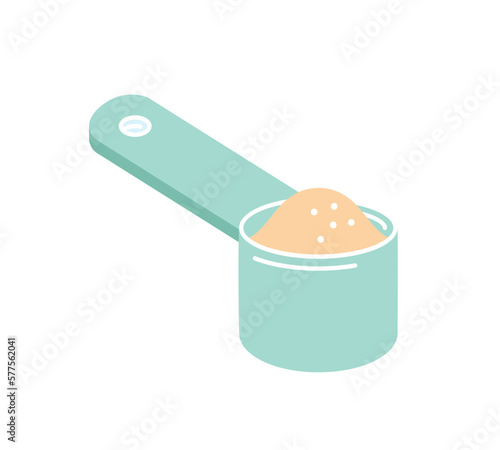 Spoon with groats. Ladle for measuring ingredients for cooking and preparation. Kitchen utensils for cafe or restaurant. Flakes, cereal and flour. Cartoon flat vector illustration