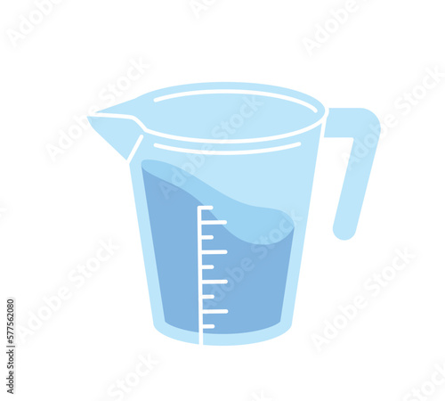 Filter with water. Jug for cleansing liquids from harmful substances. Measuring ingredients for cooking and kitchen utensils. Poster or banner. Cartoon flat vector illustration
