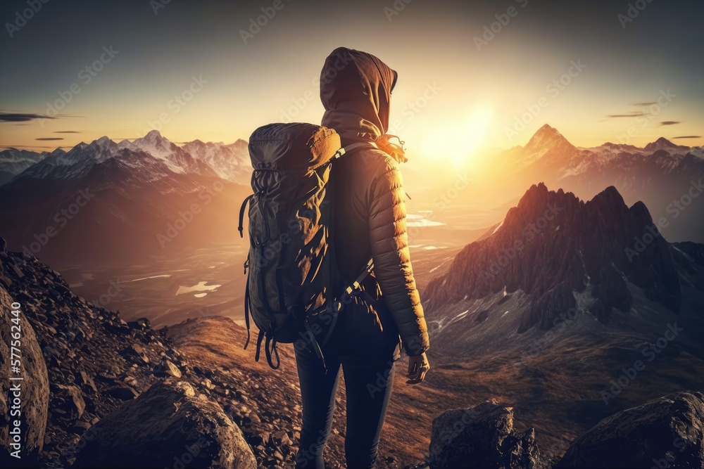 creative illustration of a young woman hiking through the mountains with her big backpack on a beautiful hiking trail . Generative AI