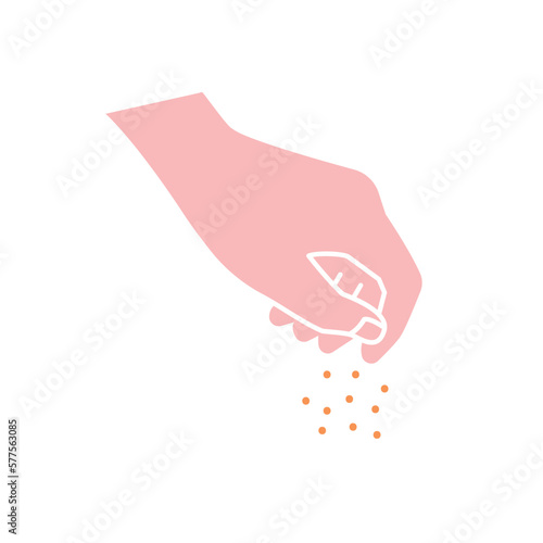 Hand sprinkles spices. Chef or cook adds salt or pepper to dishes. Cooking and preparation. Logotype for cafe or restaurant. Pinch of salt. Cartoon flat vector illustration