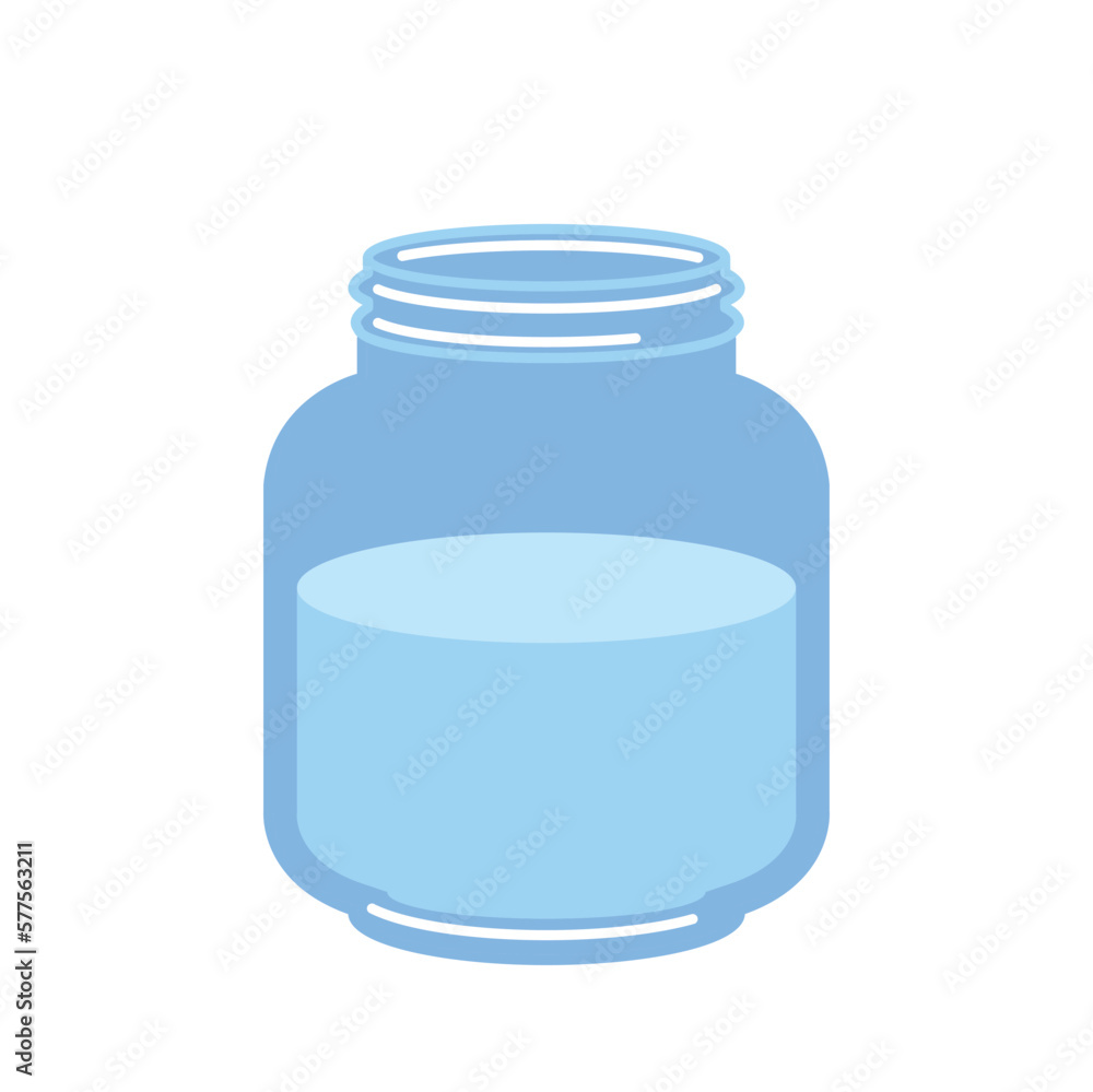 Glass jar with water. Kitchen utensil fo measuring products and ingredients, cooking and preparation. Milk or other liquid. Lemonade, soda or juice. Cartoon flat vector illustration Glass jar with water. Kitchen utensil fo measuring products and ingredients, cooking and preparation. Milk or other liquid. Lemonade, soda or juice. Cartoon flat vector illustration