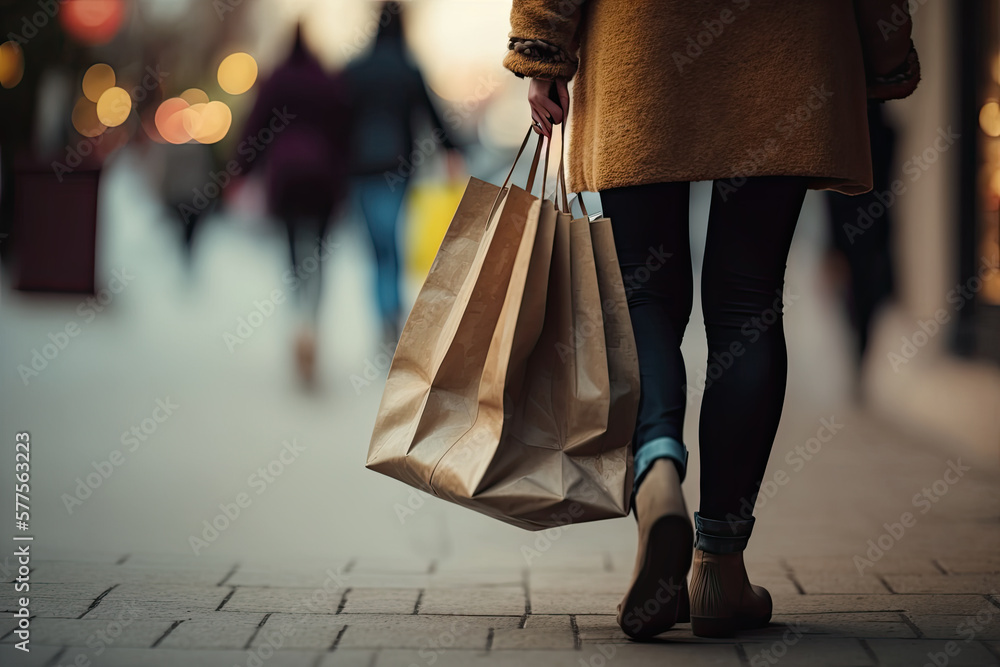 a fashionable young woman carries paper shopping bags. Generative AI