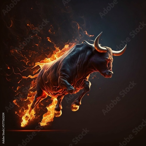 Fire flame bull on black background. Generative AI © Scrudje