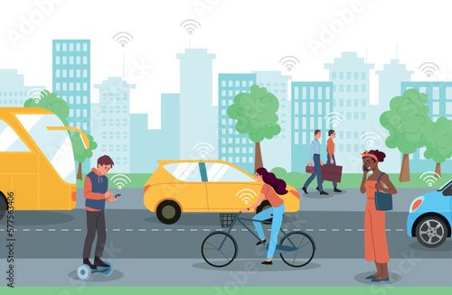 Mobile city concept. Men and women with gadgets and devices on road. Modern technologies, internet and wi fi, wireless connection and 5g. Connected people outdoor. Cartoon flat vector illustration
