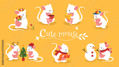 Mouse banner concept. Animals and rodents in clothes with cups of hot drink. Animals and wild life. Graphic element for website. Happy mice family. Cartoon flat vector illustration