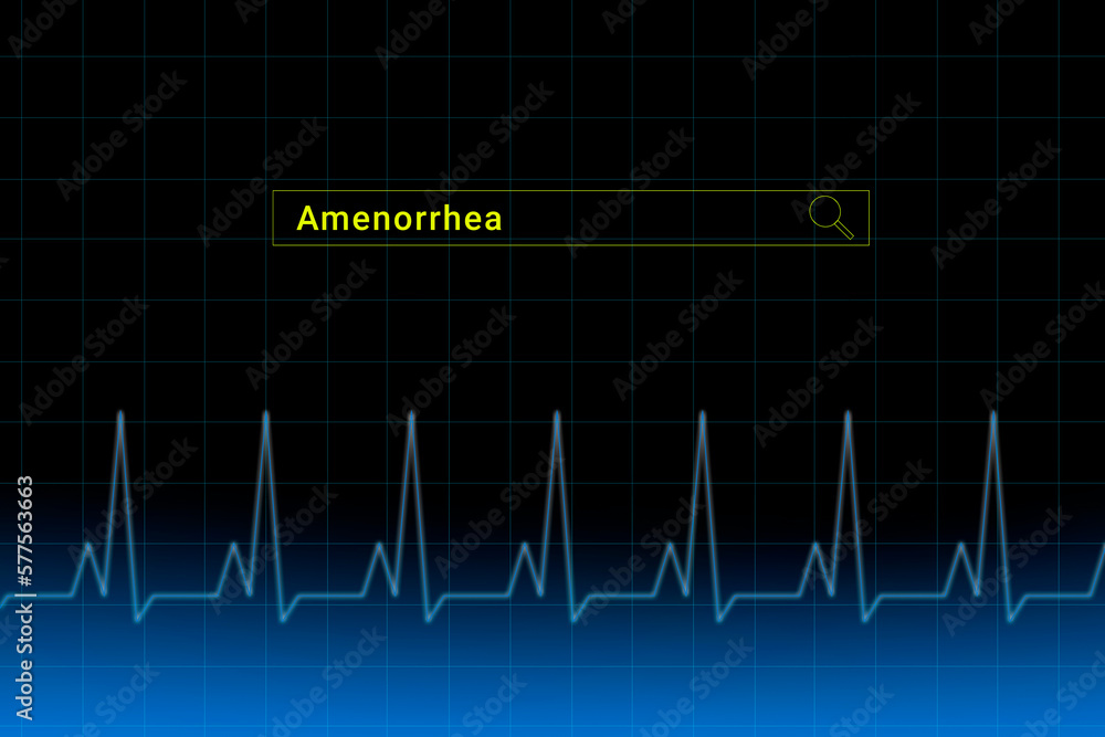 Amenorrhea.Amenorrhea inscription in search bar. Illustration with titled Amenorrhea . Heartbeat line as a symbol of human disease.