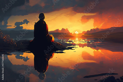 Meditation At Sunset, Sunset Meditation, Generative Ai © Ash