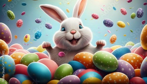 Obraz na płótnie Easter bunny with many colorful easter eggs. Generative AI