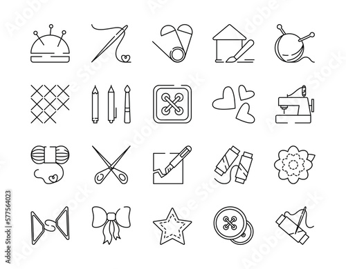 Icons hand made set. Collection of minimalistic graphic elements for website. Sewing and drawing, knitting, machine for needlework. Cartoon flat vector illustrations isolated on white background