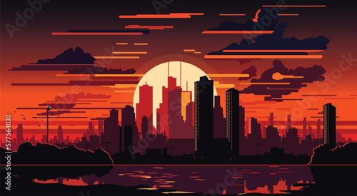 Flat vector city skyline in sunset, sunrise. 