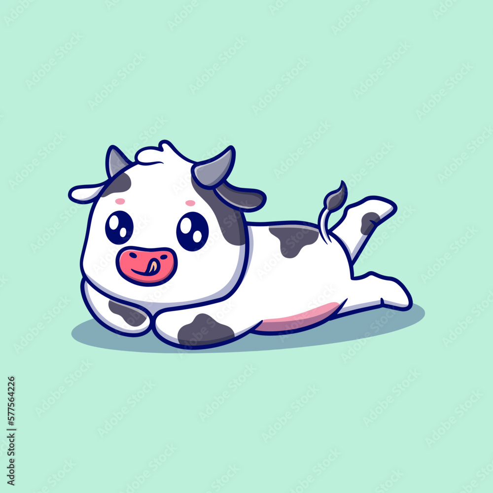 Fototapeta premium Cute lazy cow cartoon icon illustration. funny sticker for kids