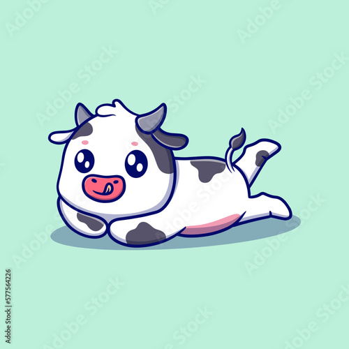 Cute lazy cow cartoon icon illustration. funny sticker for kids