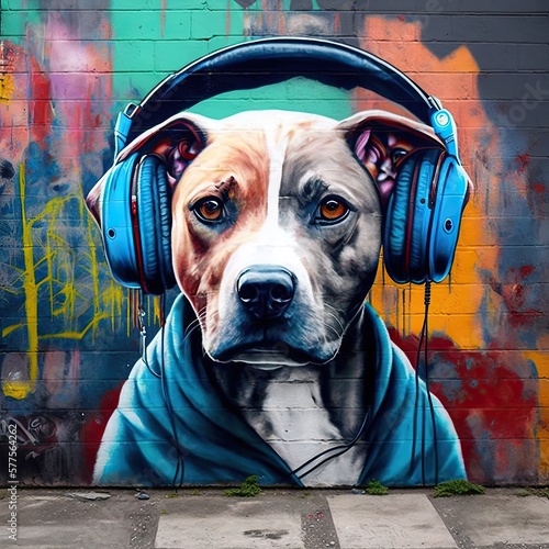 Street art graffiti of dog with headphones. Generative AI