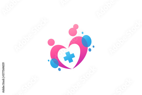 Mother and child love care logo with heart symbol and medical cross bubble variation in simple design style
