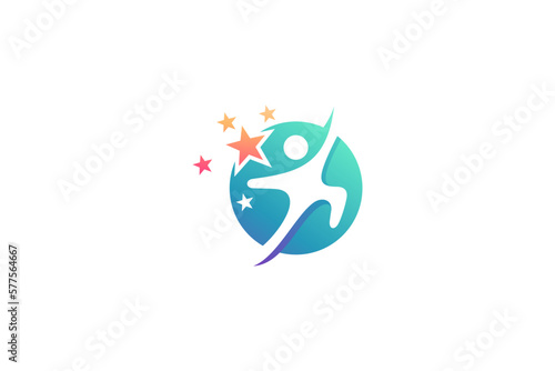 Celebration people logo reaching for star in circle shape design in flat design style