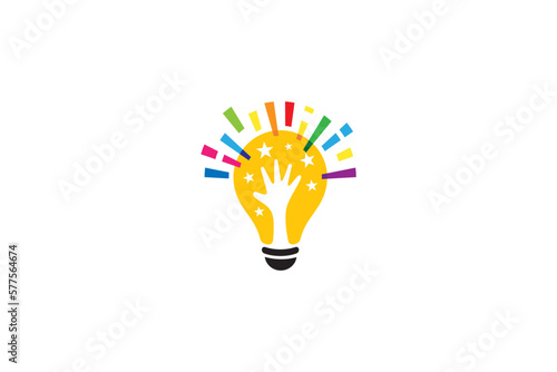 Glowing lamp logo with combination of hand reaching for star in colorful yellow design color