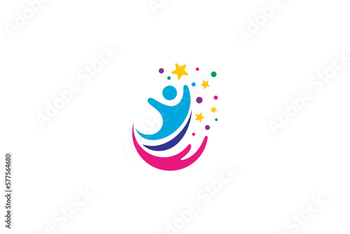 Care person reaching for star logo decorated with star ornament and colorful bubbles