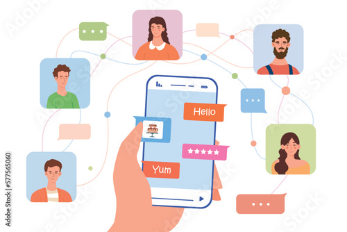 People connect to network. Hand with smartphone near avatars of young people. Communication and interaction on Internet, messenger. Wireless connection concept. Cartoon flat vector illustration