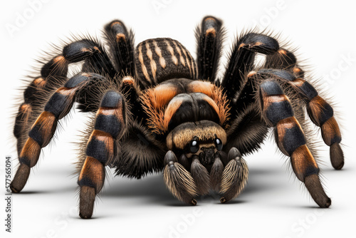A closeup of a Mexican Red-knee Tarantula (Brachypelma smithi) isolated on a white background. Generative AI