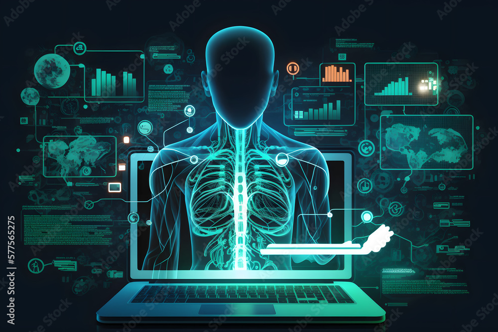 Laptopy ukazujące ludzkie ciało, szkielet. Diagnoza pacjenta, podanie wyników badań, wizyta kontrolna u lekarza. Generative AI - obrazy, fototapety, plakaty 