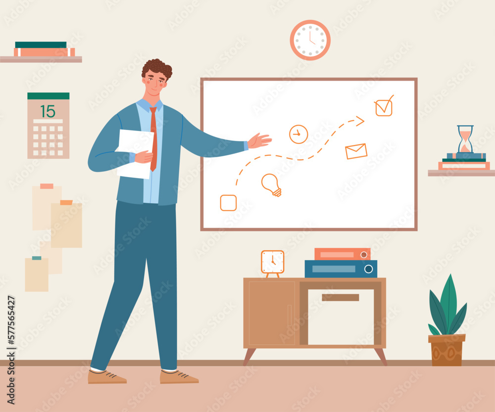 Time managment concept. Man at board looks at plan, scheduling and organizing efficient workflow. Young guy with whiteboard, presentation. Schedule job project. Cartoon flat vector illustration