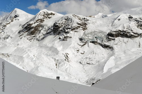 The ascent of the Thorong La Pass on the Annapurna Circuit trail. Himalayas. Nepal. photo