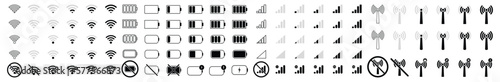 Wifi signal icons, mobile signal, battery energy charge, sign for connect of network, mobile network and antenna status. Vector illustration