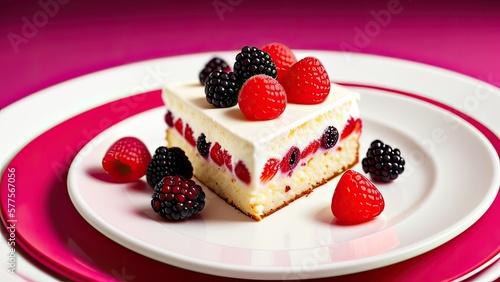 Piece of cake on a plate decorated with berries close-up