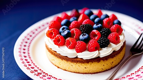 Piece of cake on a plate decorated with berries close-up
