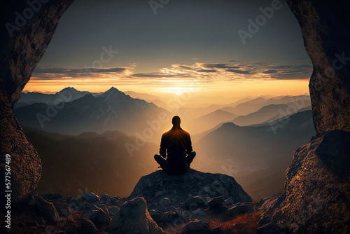 Meditator At Sunset In The Mountains, Meditator Relaxing At Sunset In The Mountains, Generative Ai © Ash