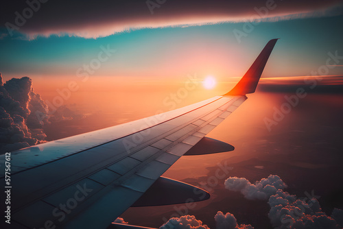 Image of airplane wing flying above the clouds, Generative AI