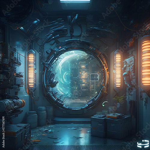 Fototapeta Naklejka Na Ścianę i Meble -  a hatch portal on a spaceship interior illustration Generative Ai