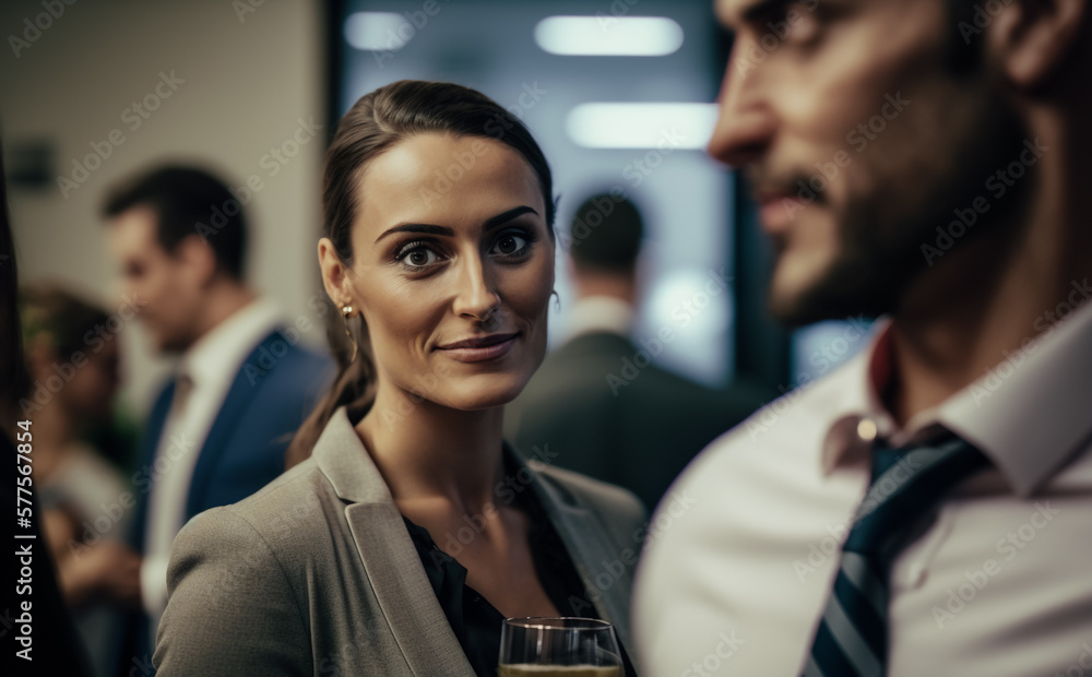 Woman in a suit at an Cooperate party of celebration, looking happy. Shallow field of view, Illustrative Generative AI. Not a real person. Woman in a suit at an Cooperate party of celebration, looking happy. Shallow field of view, Illustrative Generative AI. Not a real person.