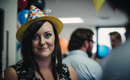 Woman wearing a party-hat at an office party or workplace celebration. shallow field of view, Illustrative Generative AI, Not a real person.