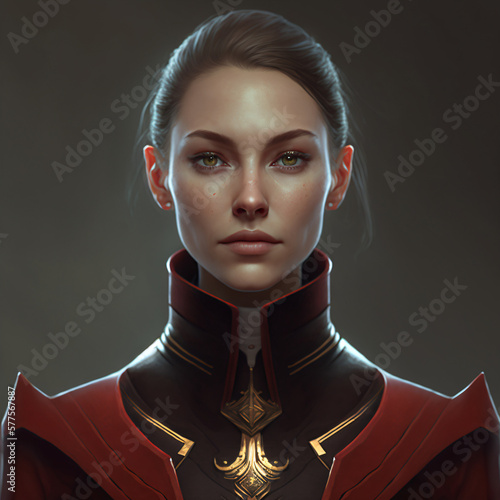 portrait of an evil woman wearing futuristic empress garments with a deadly serious expression Generative Ai